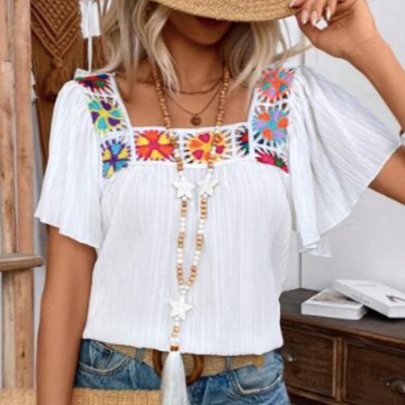 White Boho Multicolor Bohemian Hippie Crochet Square Neck Peasant Blouse Size L - Picture 1 of 13